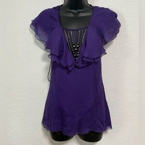 *Catherine Malandrino Silk Purple Top Ruffled Sleeve Size 0 side Zipper